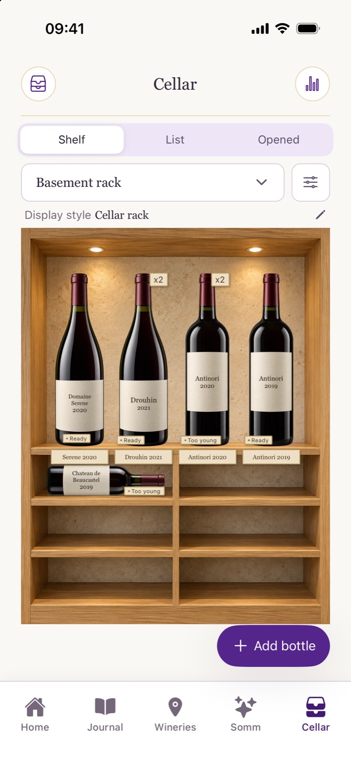 The Cork & Note Cellar shown as a wooden rack, with bottles marked Ready and Too young.